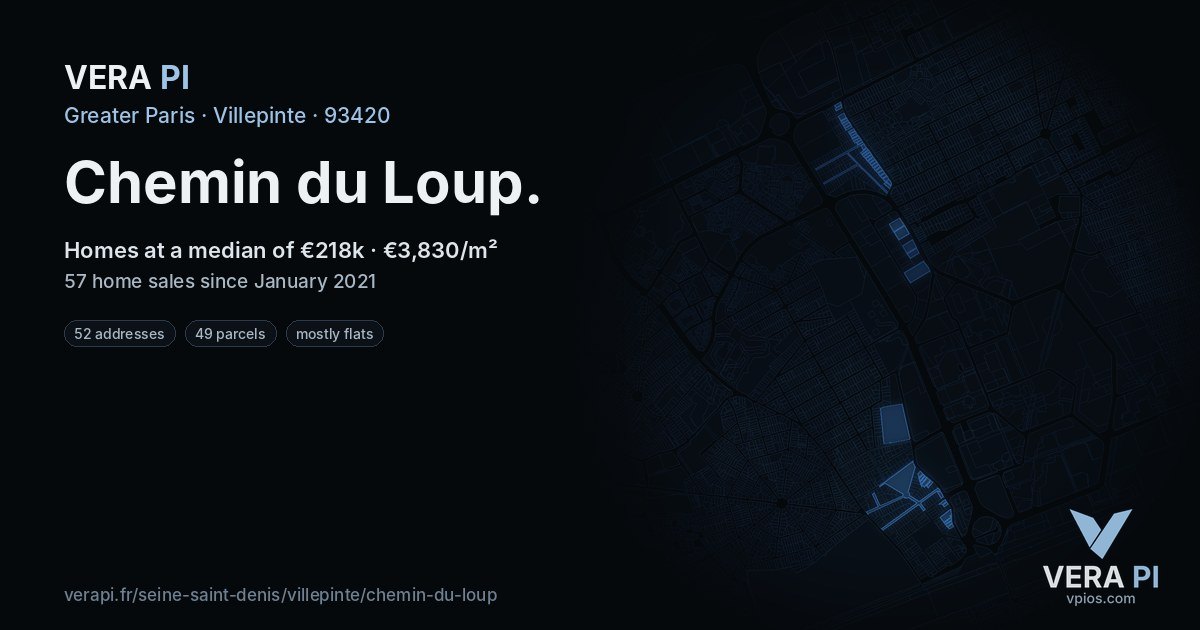 Chemin du Loup, Villepinte at night – every parcel coloured by the prices around it, the street's own parcels lit