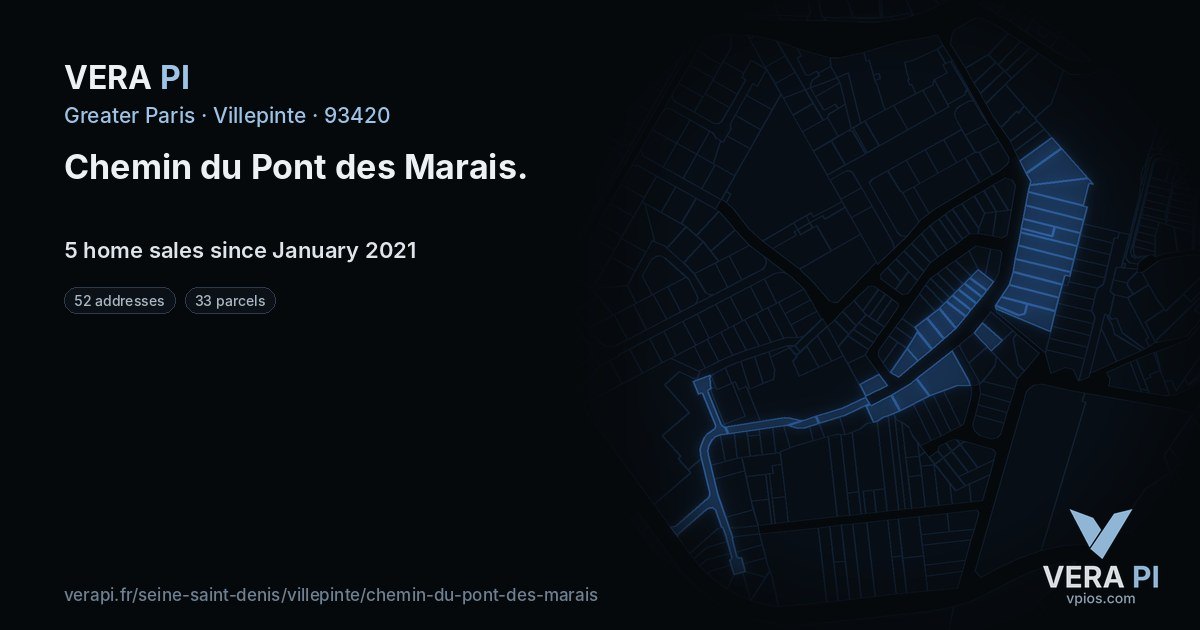 Chemin du Pont des Marais, Villepinte at night – every parcel coloured by the prices around it, the street's own parcels lit