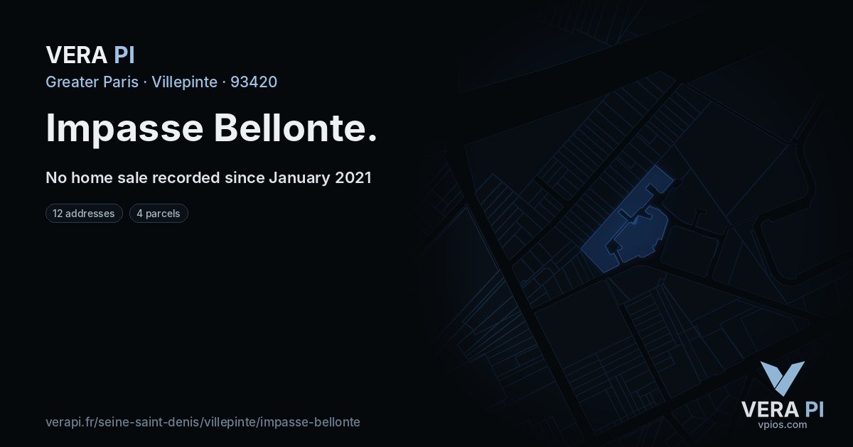 Impasse Bellonte, Villepinte at night – every parcel coloured by the prices around it, the street's own parcels lit