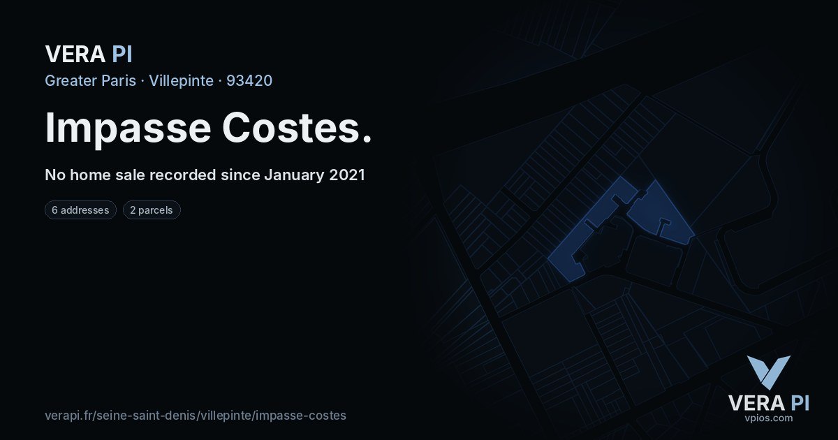 Impasse Costes, Villepinte at night – every parcel coloured by the prices around it, the street's own parcels lit
