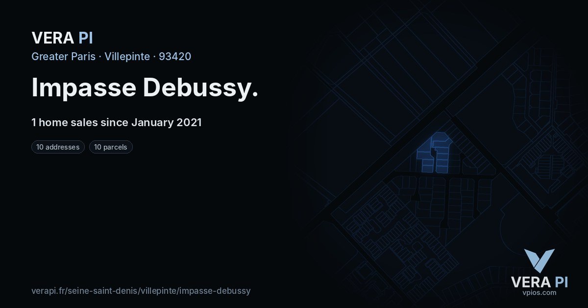 Impasse Debussy, Villepinte at night – every parcel coloured by the prices around it, the street's own parcels lit