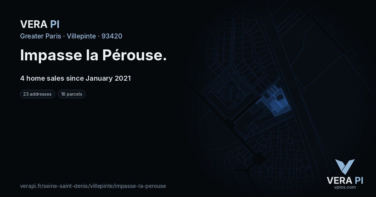 Impasse la Pérouse, Villepinte at night – every parcel coloured by the prices around it, the street's own parcels lit