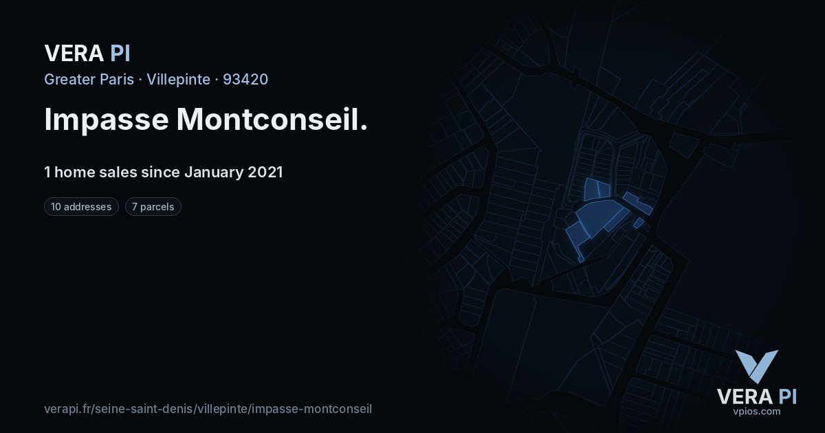 Impasse Montconseil, Villepinte at night – every parcel coloured by the prices around it, the street's own parcels lit