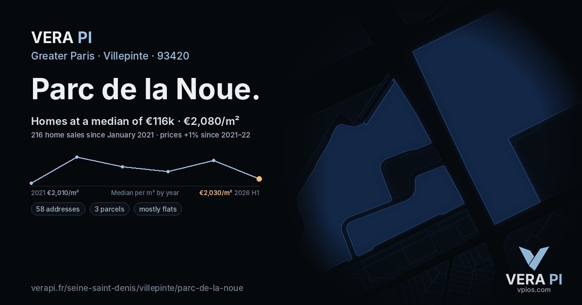 Parc de la Noue, Villepinte at night – every parcel coloured by the prices around it, the street's own parcels lit