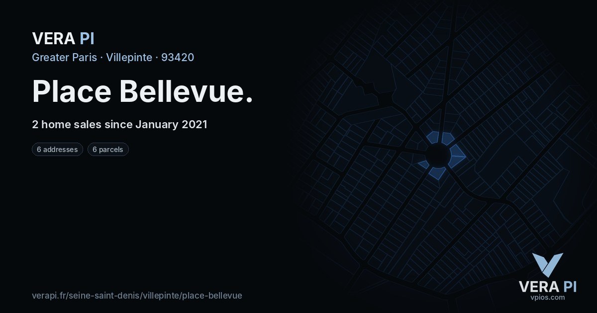 Place Bellevue, Villepinte at night – every parcel coloured by the prices around it, the street's own parcels lit