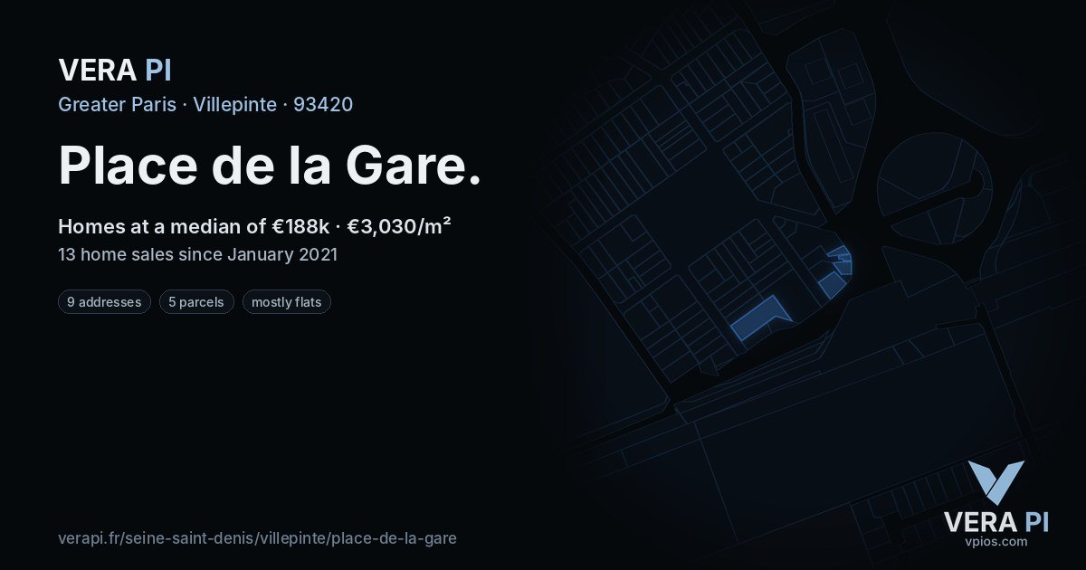 Place de la Gare, Villepinte at night – every parcel coloured by the prices around it, the street's own parcels lit