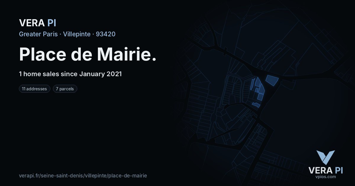 Place de Mairie, Villepinte at night – every parcel coloured by the prices around it, the street's own parcels lit
