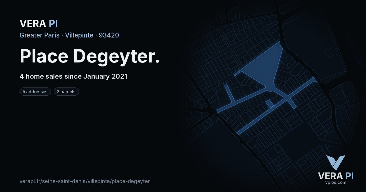 Place Degeyter, Villepinte at night – every parcel coloured by the prices around it, the street's own parcels lit