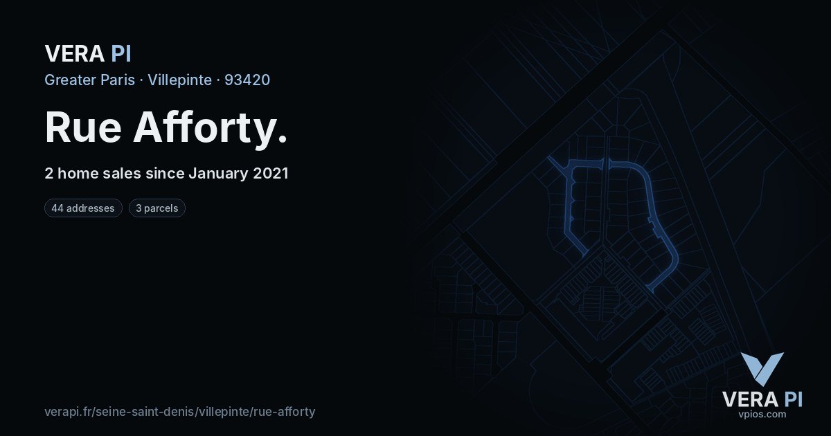 Rue Afforty, Villepinte at night – every parcel coloured by the prices around it, the street's own parcels lit