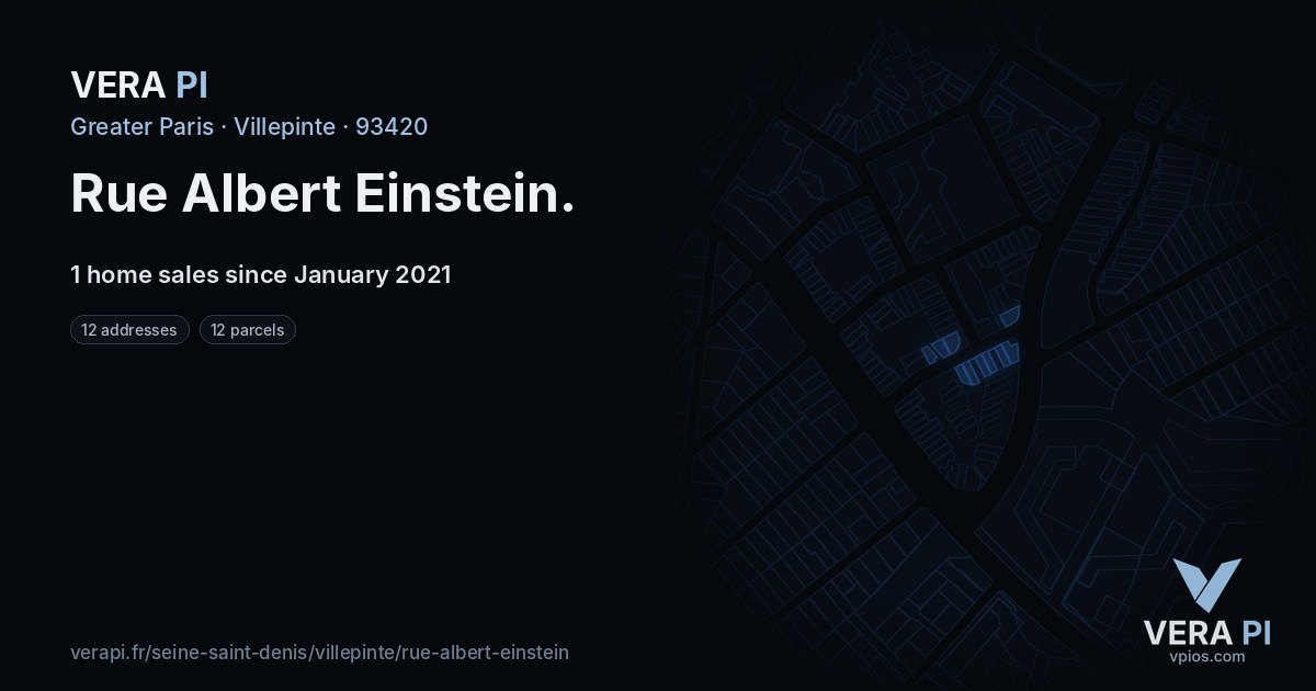 Rue Albert Einstein, Villepinte at night – every parcel coloured by the prices around it, the street's own parcels lit
