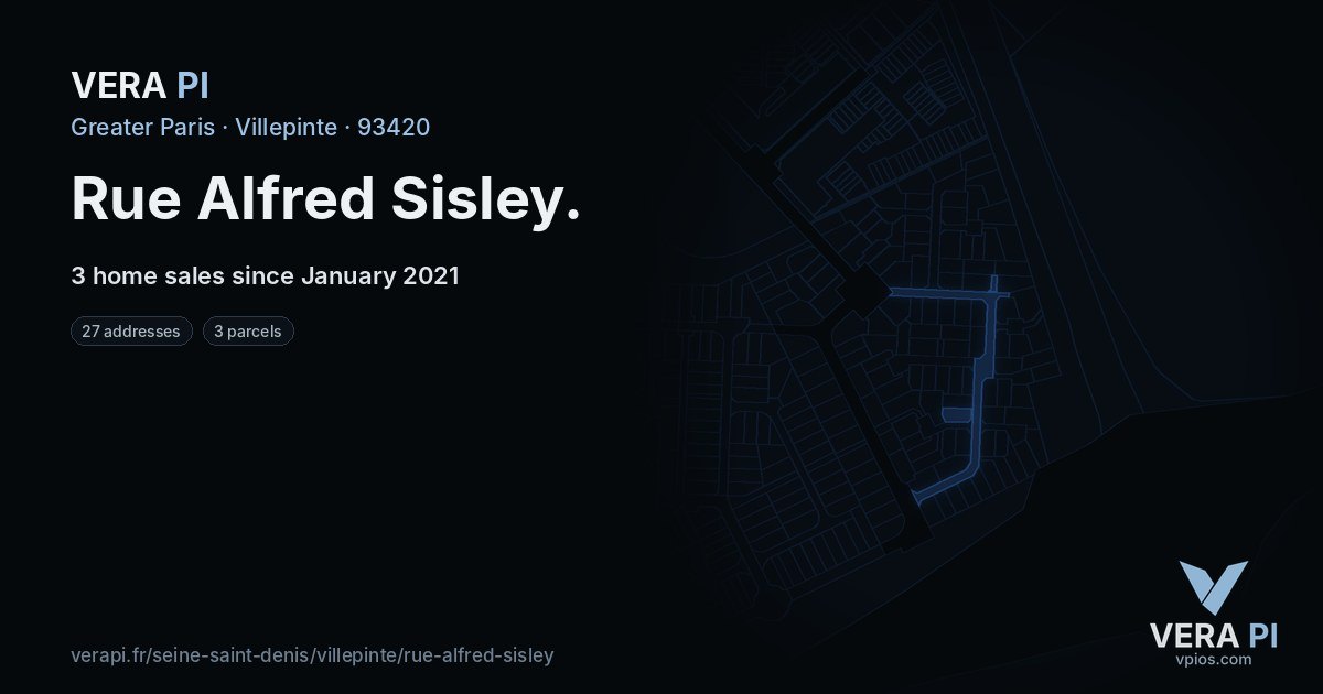 Rue Alfred Sisley, Villepinte at night – every parcel coloured by the prices around it, the street's own parcels lit