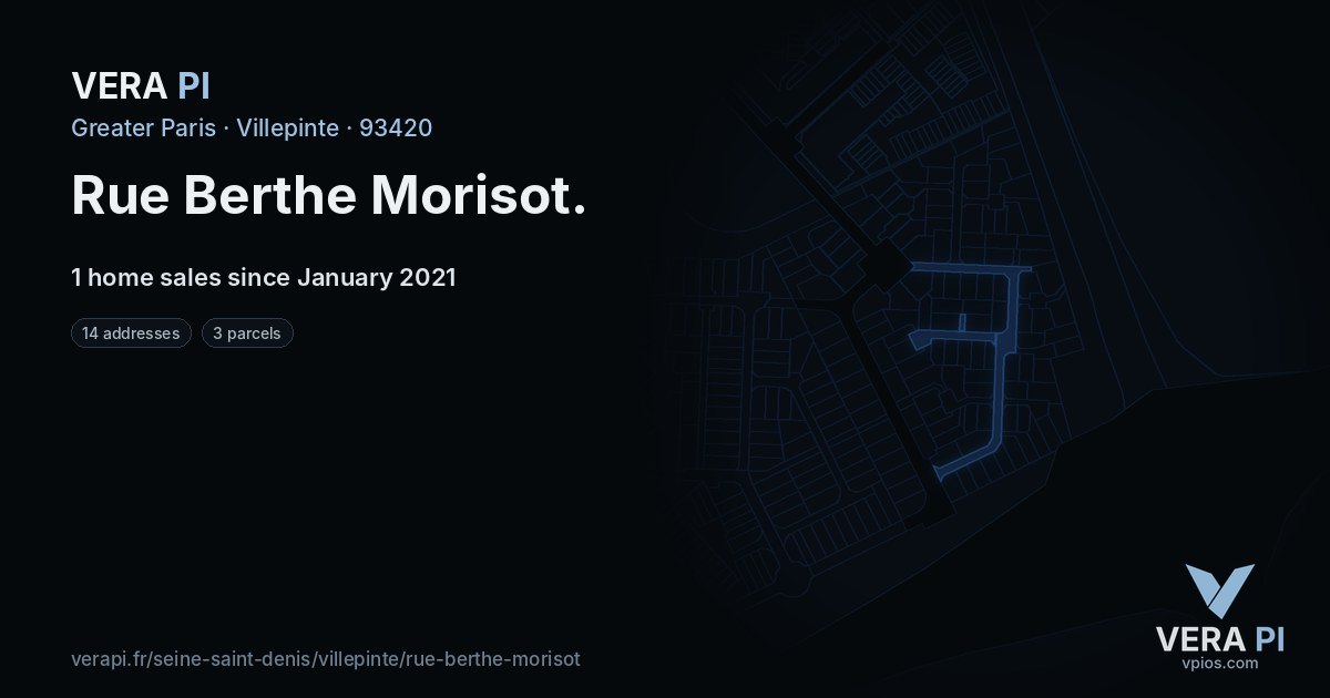 Rue Berthe Morisot, Villepinte at night – every parcel coloured by the prices around it, the street's own parcels lit