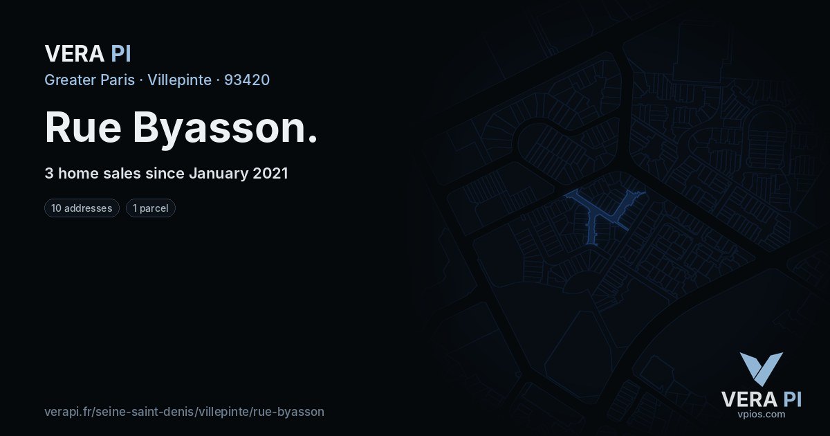 Rue Byasson, Villepinte at night – every parcel coloured by the prices around it, the street's own parcels lit