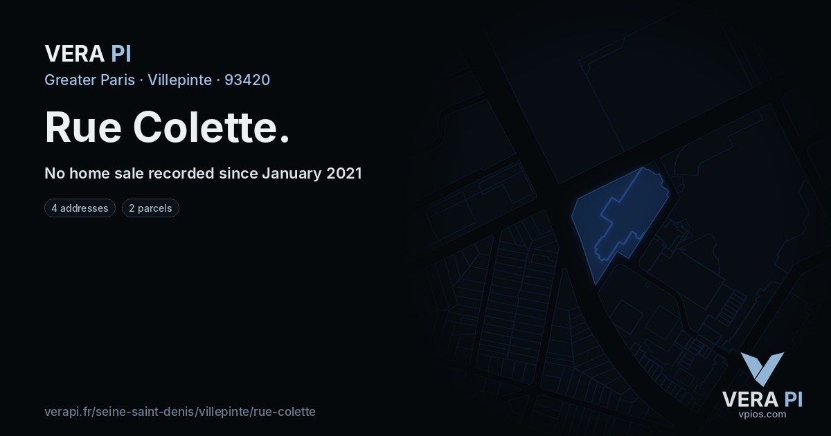 Rue Colette, Villepinte at night – every parcel coloured by the prices around it, the street's own parcels lit
