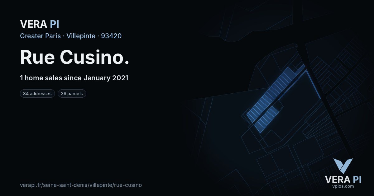 Rue Cusino, Villepinte at night – every parcel coloured by the prices around it, the street's own parcels lit