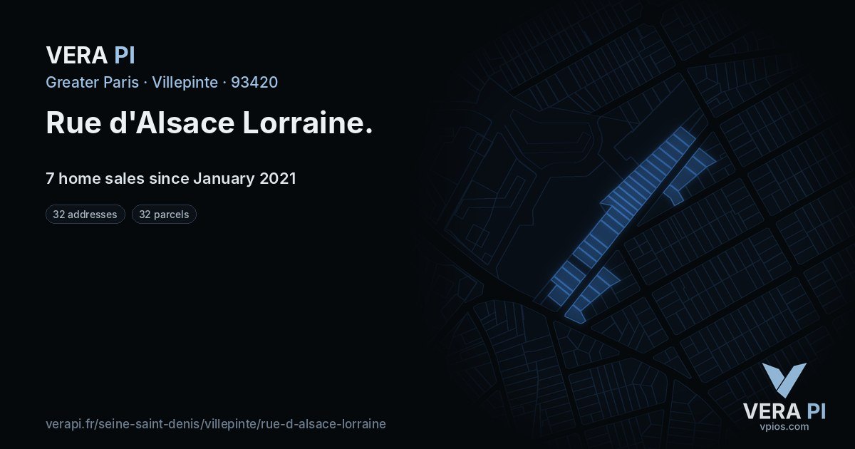 Rue d'Alsace Lorraine, Villepinte at night – every parcel coloured by the prices around it, the street's own parcels lit