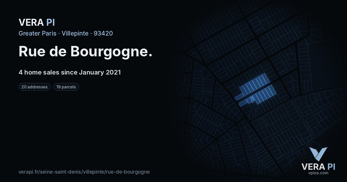 Rue de Bourgogne, Villepinte at night – every parcel coloured by the prices around it, the street's own parcels lit