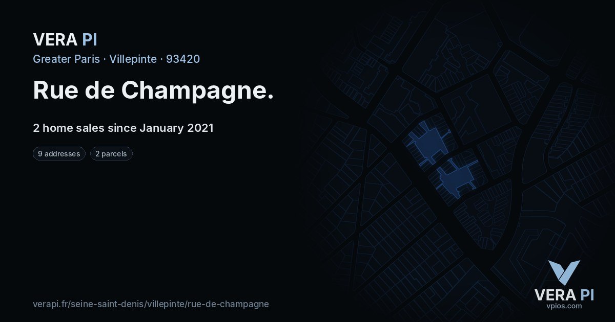 Rue de Champagne, Villepinte at night – every parcel coloured by the prices around it, the street's own parcels lit