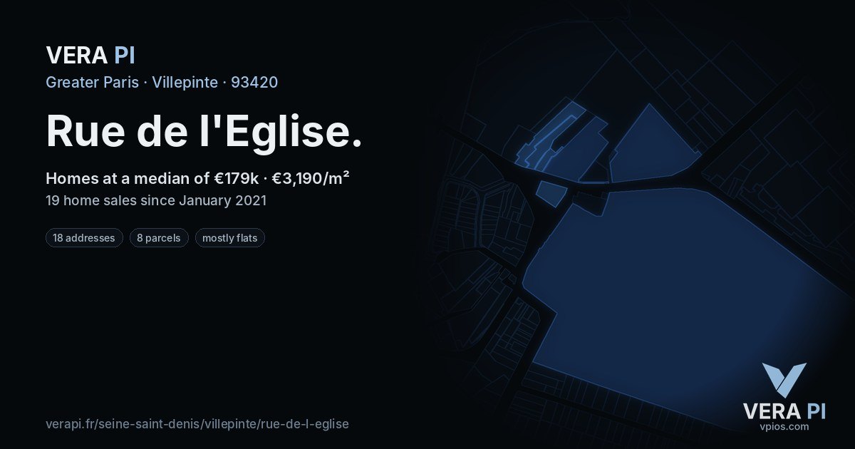 Rue de l'Eglise, Villepinte at night – every parcel coloured by the prices around it, the street's own parcels lit