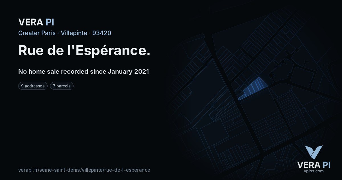 Rue de l'Espérance, Villepinte at night – every parcel coloured by the prices around it, the street's own parcels lit