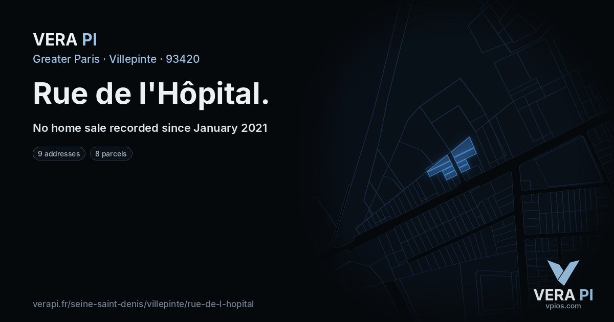 Rue de l'Hôpital, Villepinte at night – every parcel coloured by the prices around it, the street's own parcels lit