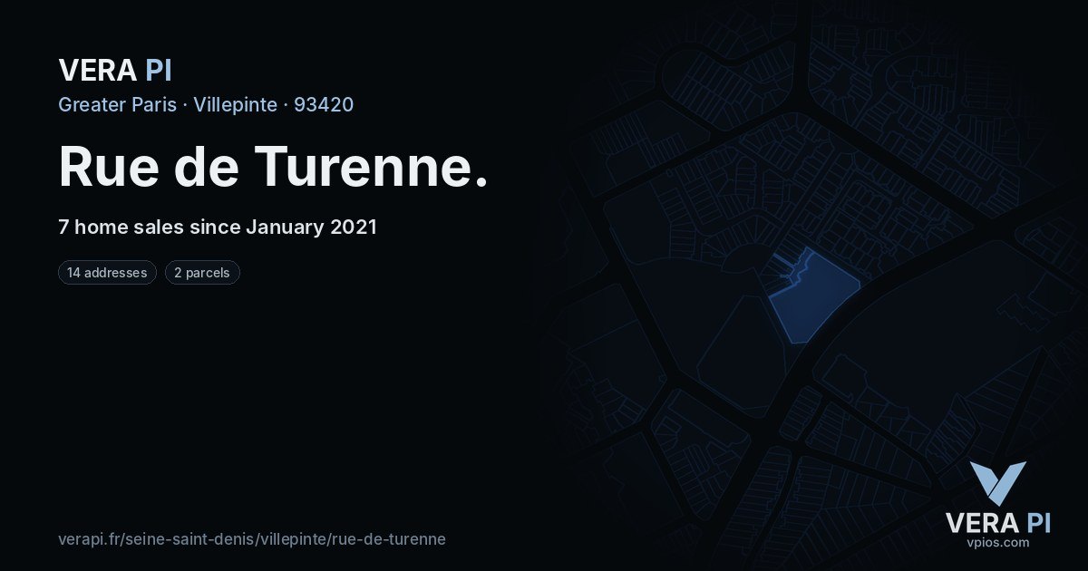 Rue de Turenne, Villepinte at night – every parcel coloured by the prices around it, the street's own parcels lit