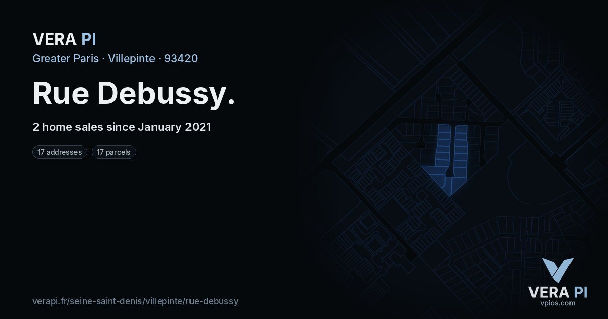 Rue Debussy, Villepinte at night – every parcel coloured by the prices around it, the street's own parcels lit