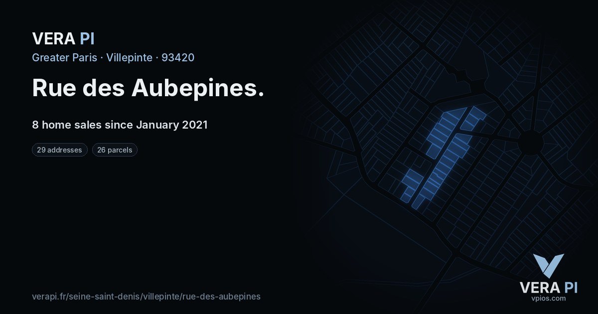 Rue des Aubepines, Villepinte at night – every parcel coloured by the prices around it, the street's own parcels lit