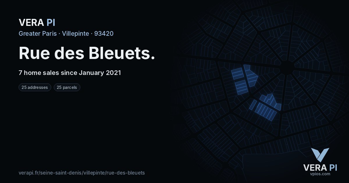 Rue des Bleuets, Villepinte at night – every parcel coloured by the prices around it, the street's own parcels lit