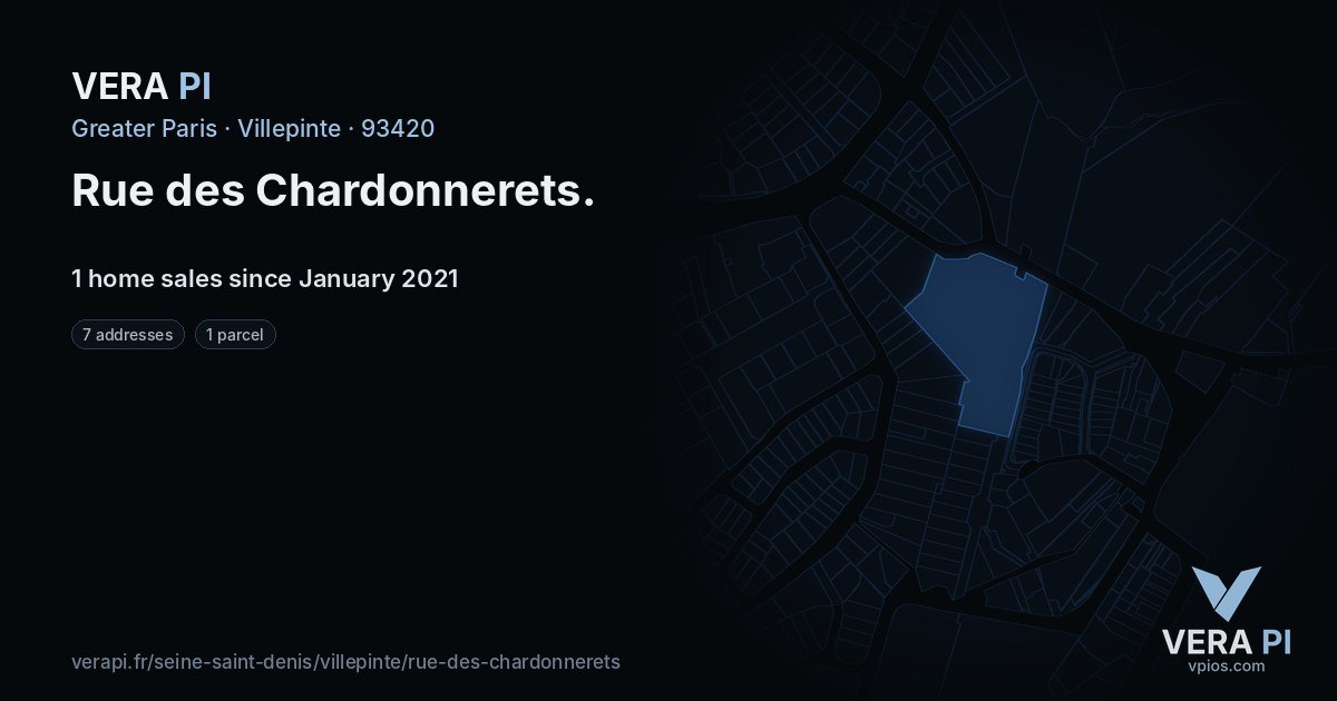 Rue des Chardonnerets, Villepinte at night – every parcel coloured by the prices around it, the street's own parcels lit