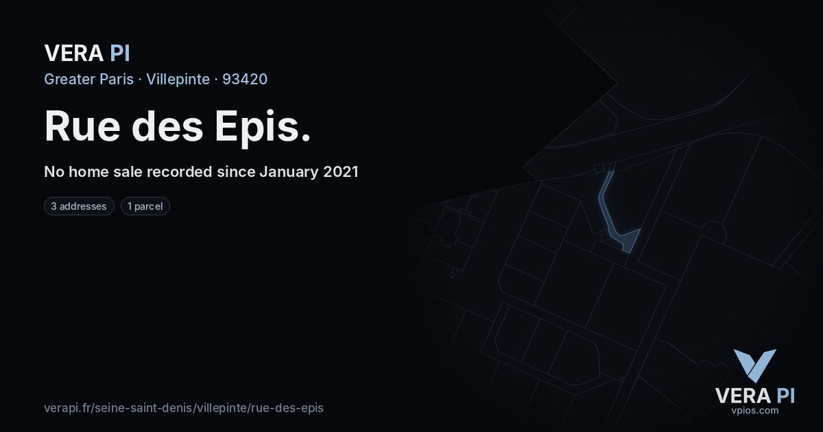 Rue des Epis, Villepinte at night – every parcel coloured by the prices around it, the street's own parcels lit
