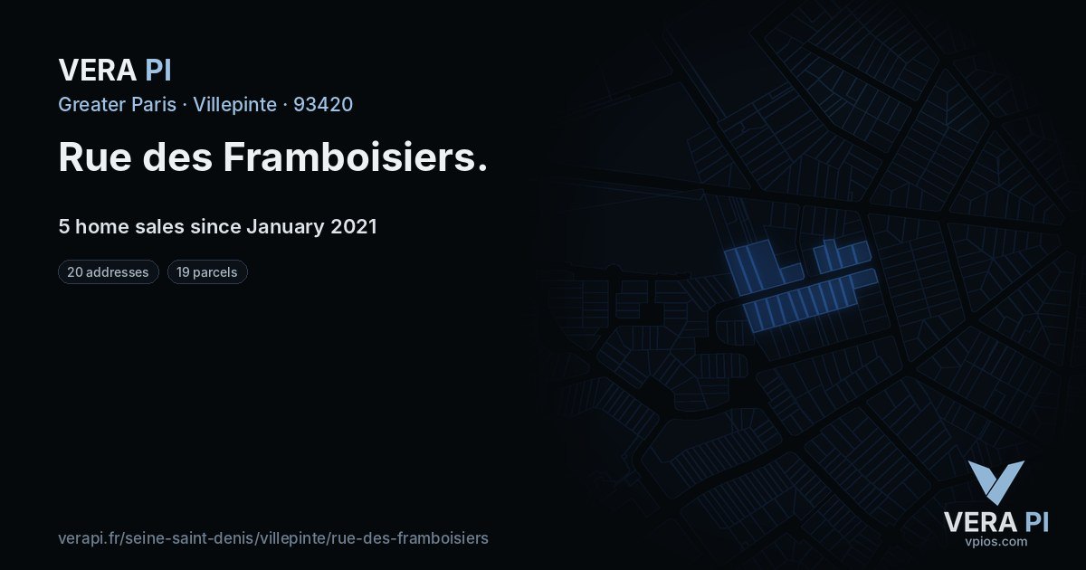 Rue des Framboisiers, Villepinte at night – every parcel coloured by the prices around it, the street's own parcels lit