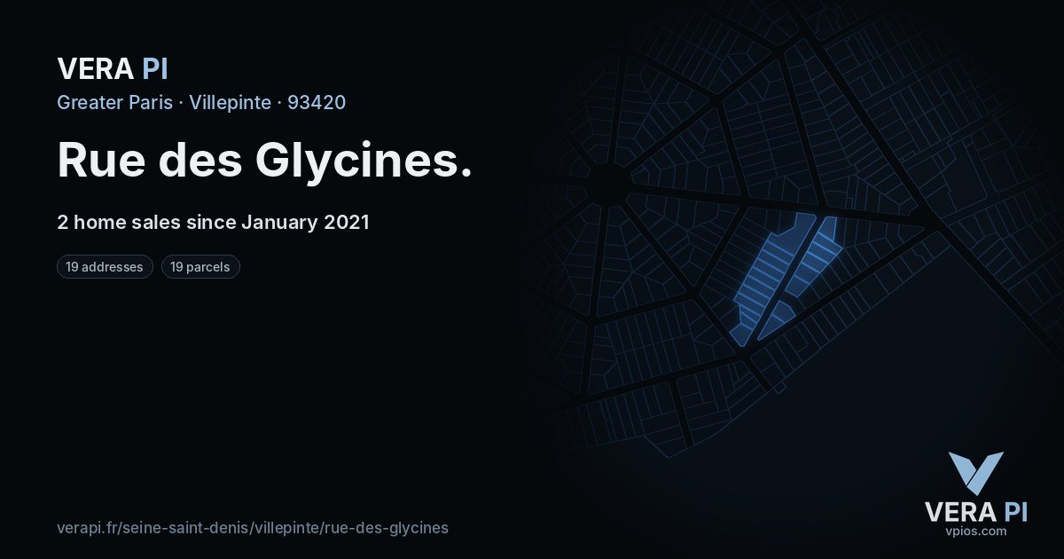 Rue des Glycines, Villepinte at night – every parcel coloured by the prices around it, the street's own parcels lit