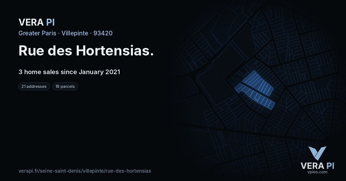 Rue des Hortensias, Villepinte at night – every parcel coloured by the prices around it, the street's own parcels lit