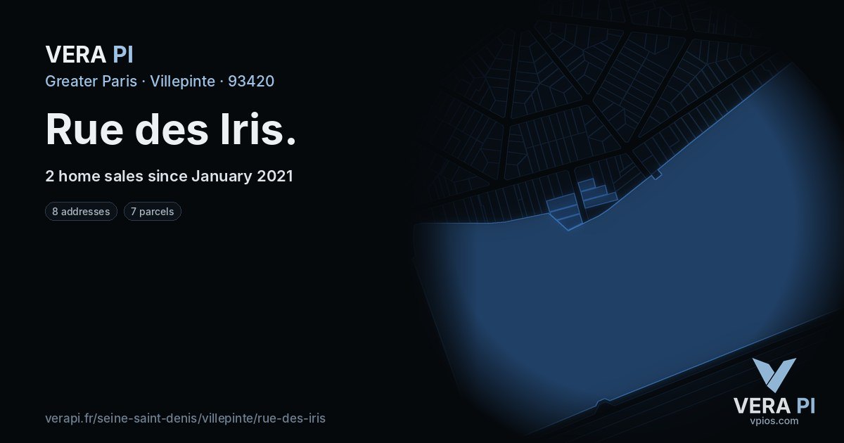 Rue des Iris, Villepinte at night – every parcel coloured by the prices around it, the street's own parcels lit