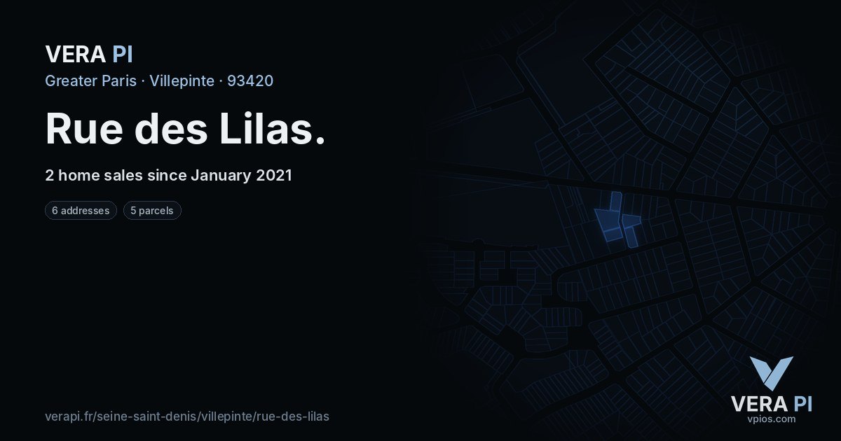 Rue des Lilas, Villepinte at night – every parcel coloured by the prices around it, the street's own parcels lit