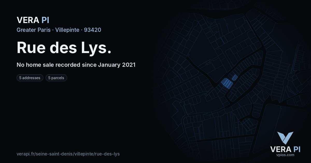 Rue des Lys, Villepinte at night – every parcel coloured by the prices around it, the street's own parcels lit
