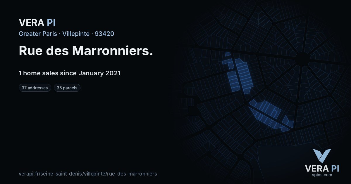 Rue des Marronniers, Villepinte at night – every parcel coloured by the prices around it, the street's own parcels lit