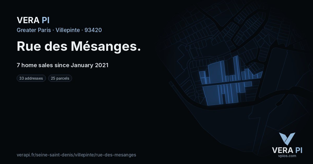 Rue des Mésanges, Villepinte at night – every parcel coloured by the prices around it, the street's own parcels lit