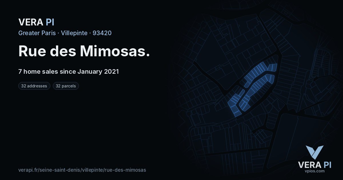 Rue des Mimosas, Villepinte at night – every parcel coloured by the prices around it, the street's own parcels lit