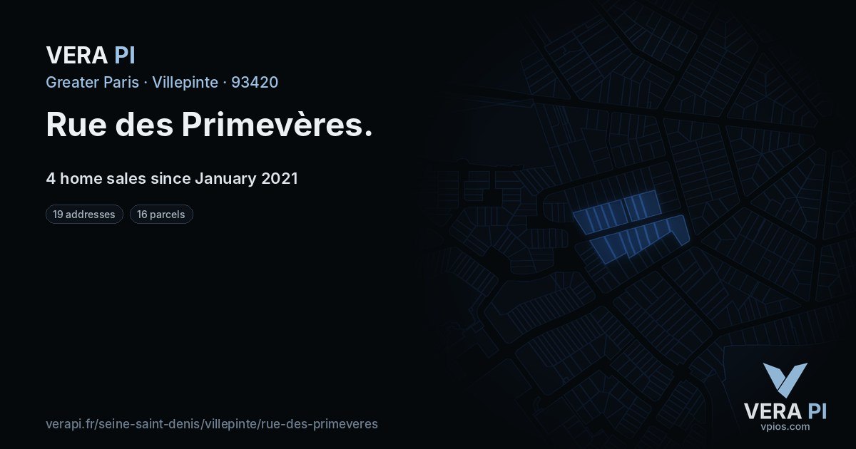 Rue des Primevères, Villepinte at night – every parcel coloured by the prices around it, the street's own parcels lit