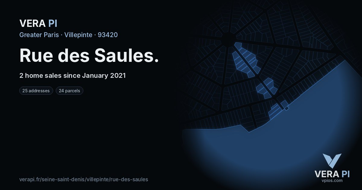Rue des Saules, Villepinte at night – every parcel coloured by the prices around it, the street's own parcels lit