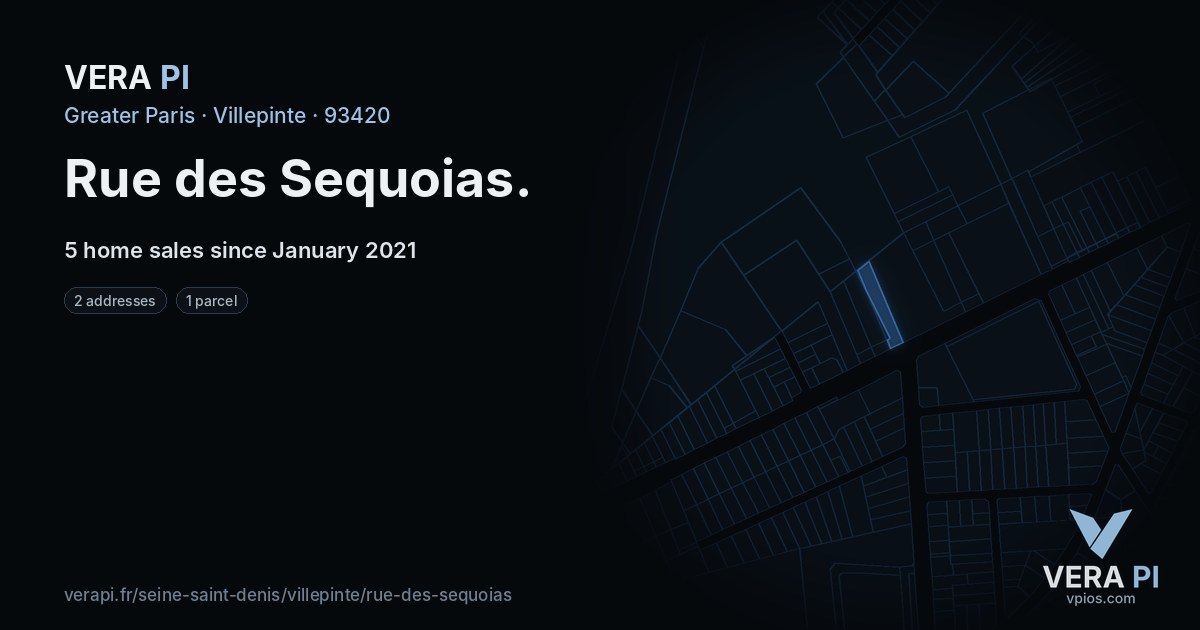 Rue des Sequoias, Villepinte at night – every parcel coloured by the prices around it, the street's own parcels lit