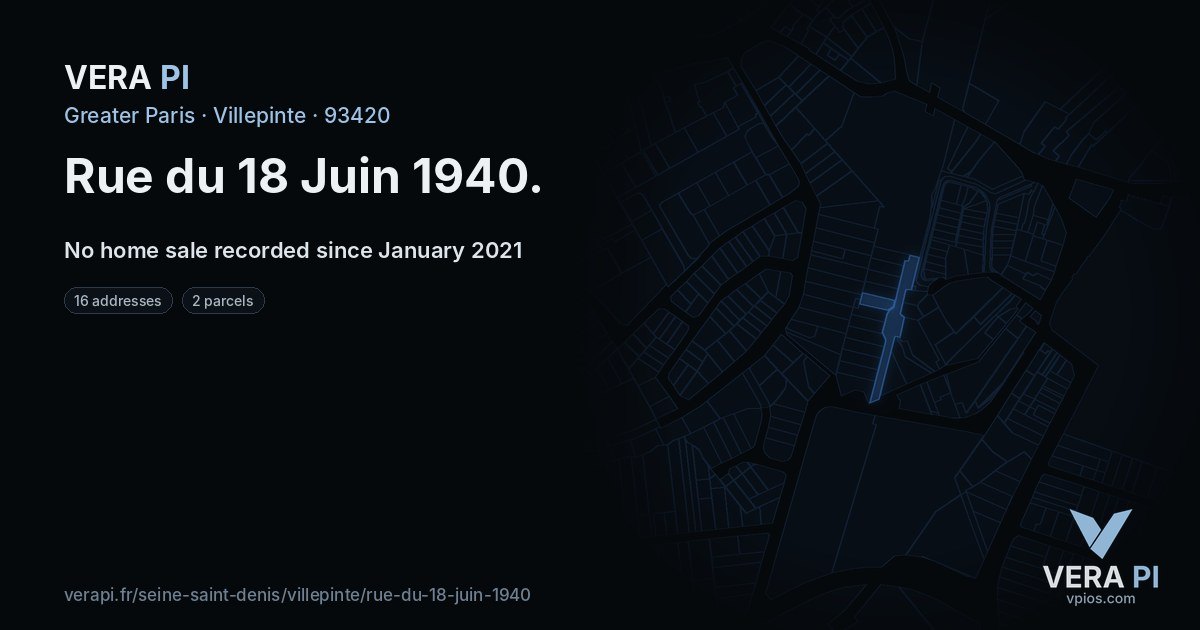 Rue du 18 Juin 1940, Villepinte at night – every parcel coloured by the prices around it, the street's own parcels lit