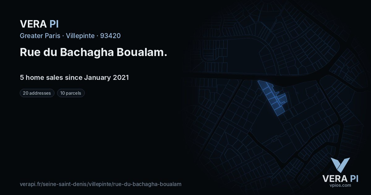 Rue du Bachagha Boualam, Villepinte at night – every parcel coloured by the prices around it, the street's own parcels lit