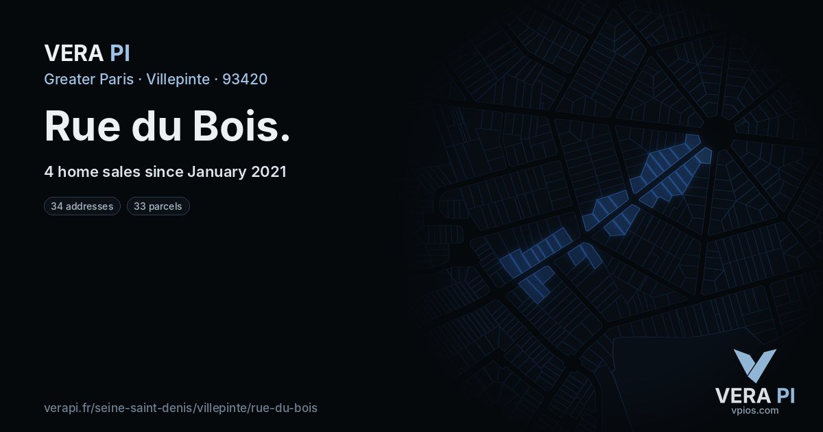 Rue du Bois, Villepinte at night – every parcel coloured by the prices around it, the street's own parcels lit