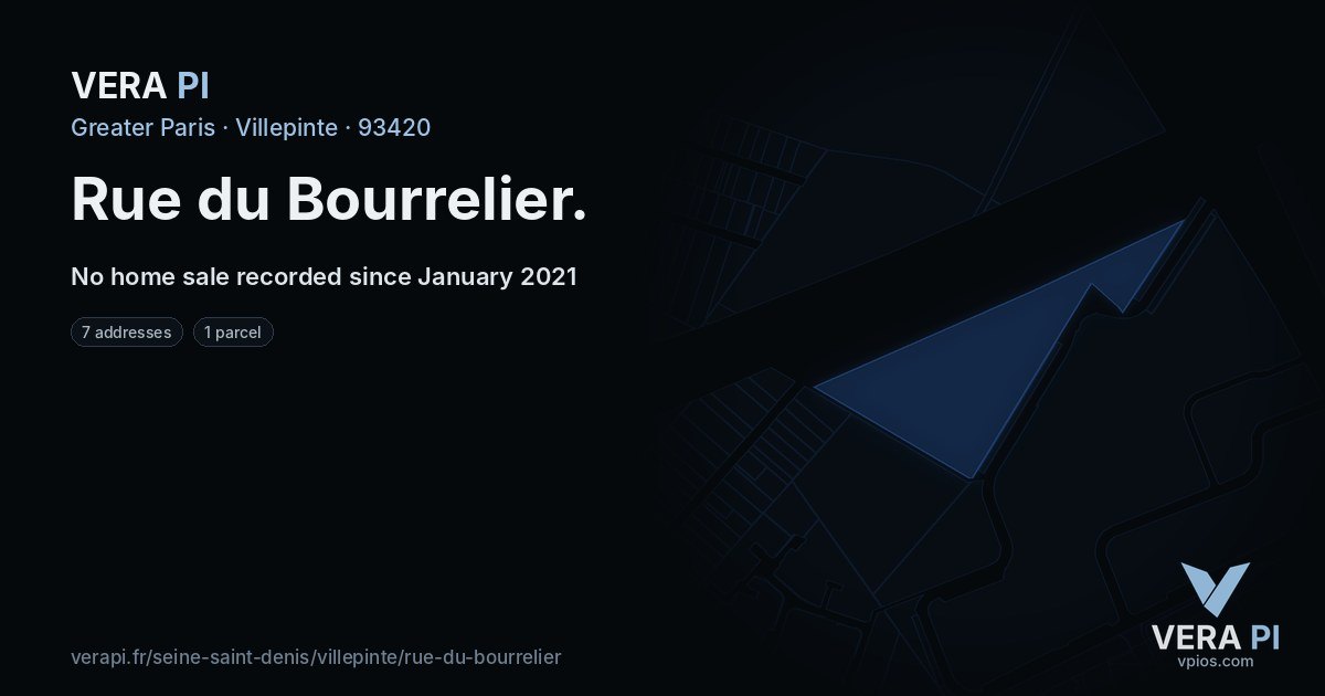 Rue du Bourrelier, Villepinte at night – every parcel coloured by the prices around it, the street's own parcels lit