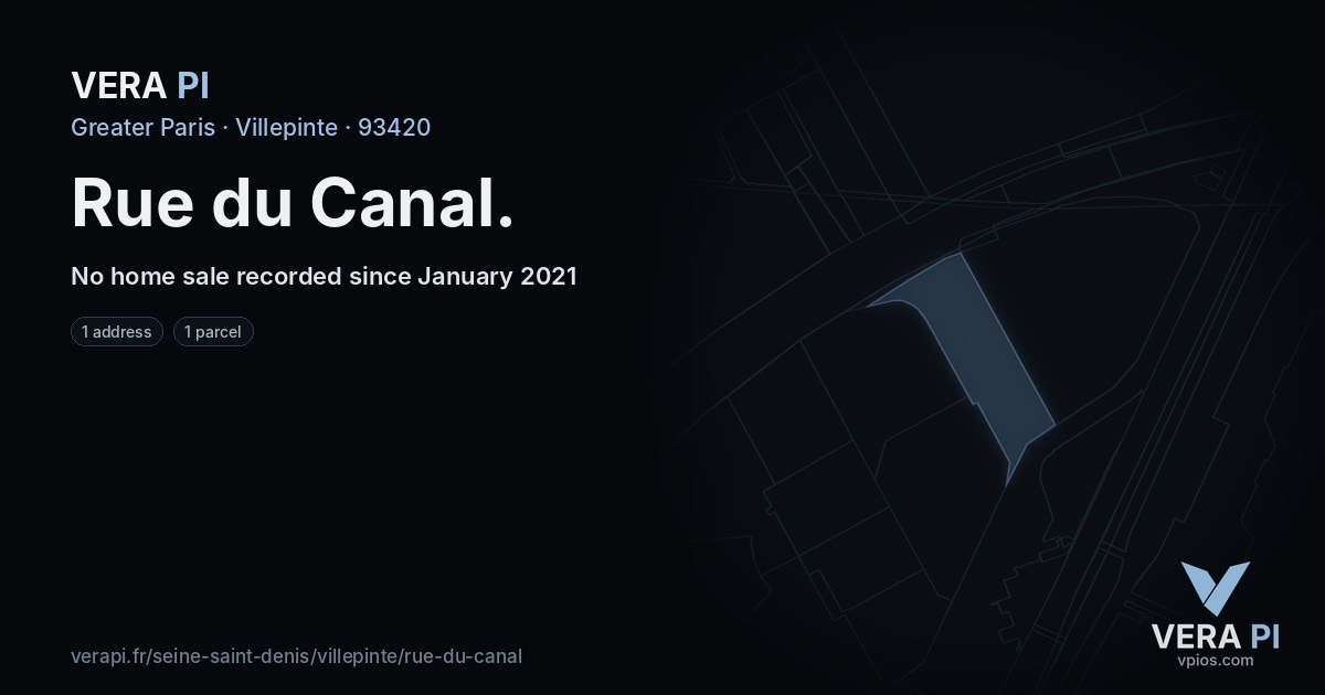 Rue du Canal, Villepinte at night – every parcel coloured by the prices around it, the street's own parcels lit