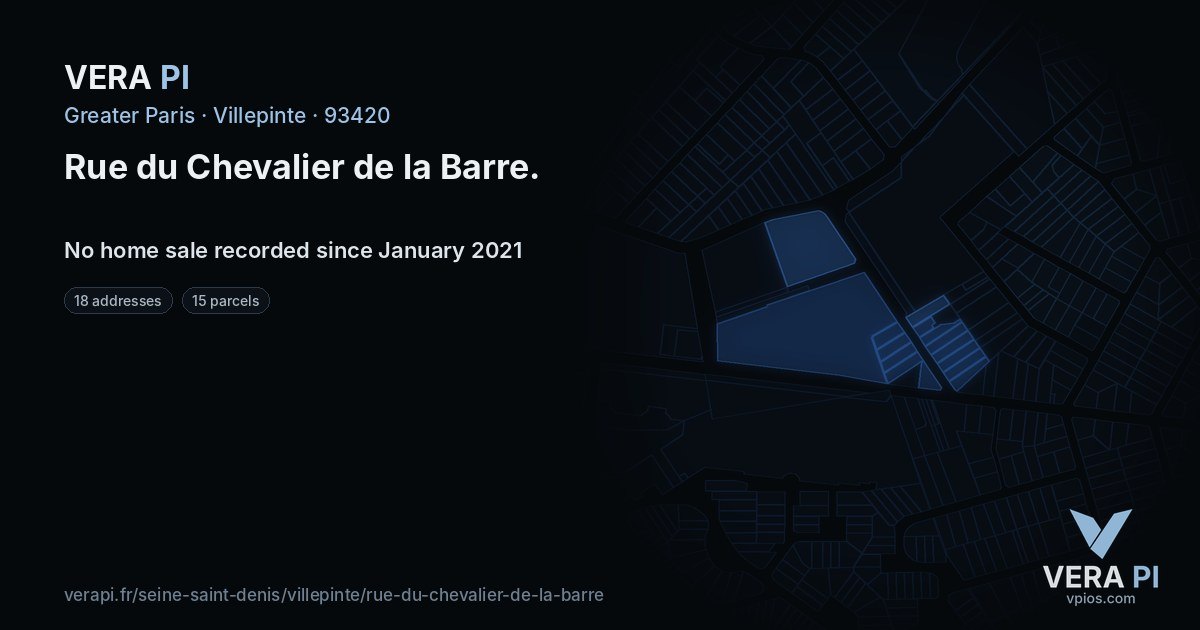 Rue du Chevalier de la Barre, Villepinte at night – every parcel coloured by the prices around it, the street's own parcels lit