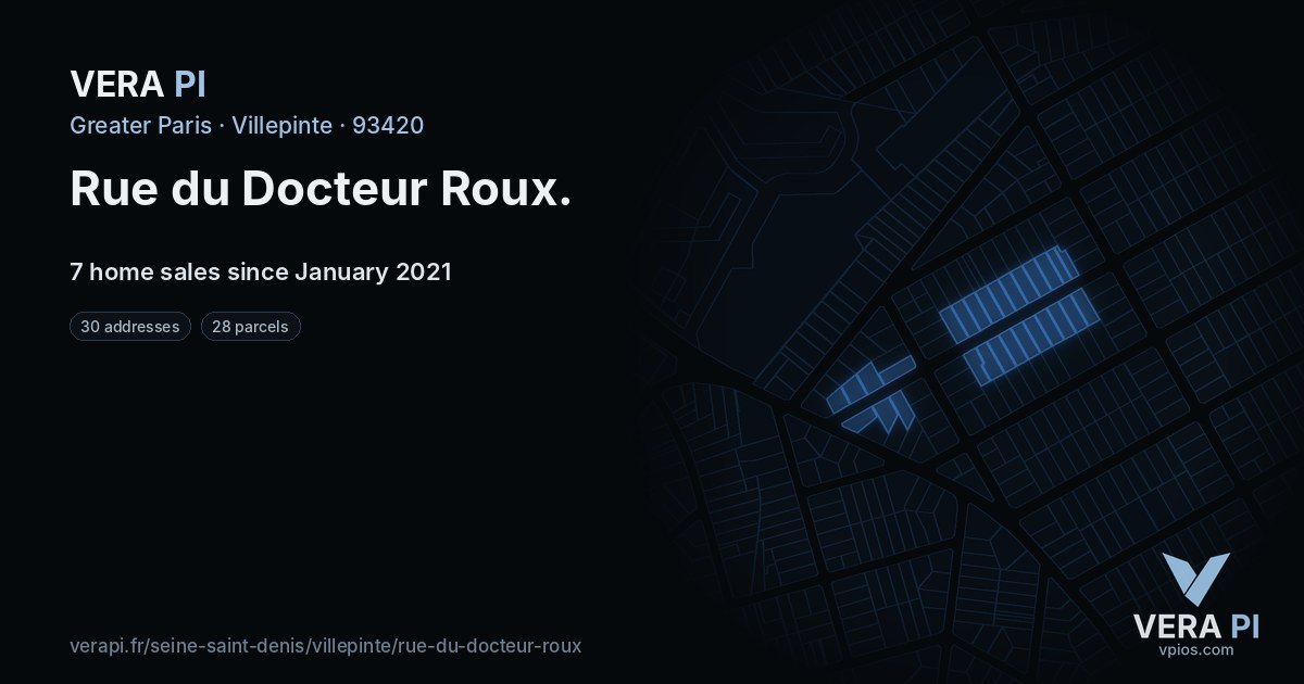 Rue du Docteur Roux, Villepinte at night – every parcel coloured by the prices around it, the street's own parcels lit